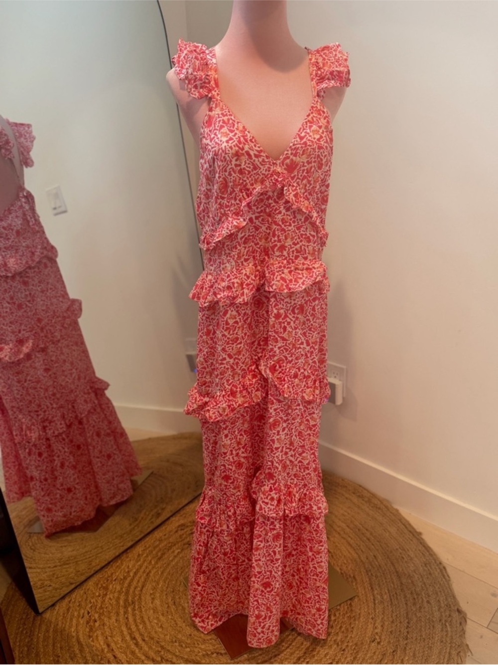 Misa Los Angeles Coral Pink Floral Ruffle Maxi Dress